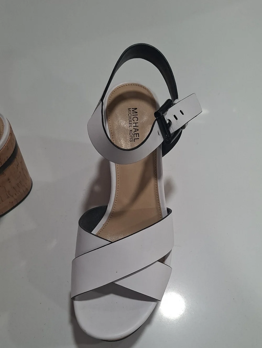 Michael Kors White and Black Leather Cross-Strap Wedge  Sandal - Women's